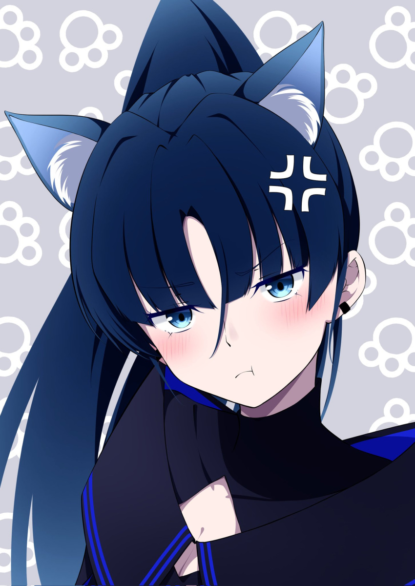 1girl ado_(utaite) anger_vein animal_ear_fluff animal_ears black_sailor_collar black_shirt blue_eyes blue_hair blush breasts cat_ears cleavage cleavage_cutout clothing_cutout cloud_nine_inc commentary earclip highres kemonomimi_mode long_hair looking_at_viewer naima_(ado) nori_(norinori_yrl) parted_bangs paw_print paw_print_background pout sailor_collar shirt solo upper_body usseewa