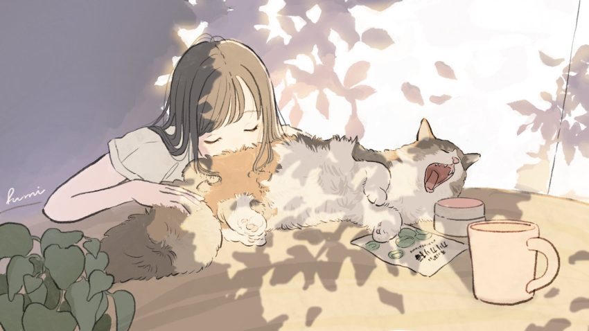 1girl artist_name bare_arms brown_hair calico cat cat_day closed_eyes cup dappled_sunlight day facing_viewer food fumi_futamori highres indoors leaf long_hair mochi mug original petting plant potted_plant shirt short_sleeves signature solo sunlight table white_shirt yawning