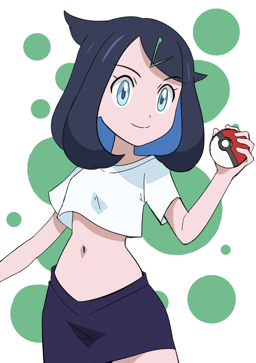 1girl absurdres aqua_eyes black_hair closed_mouth colored_inner_hair commentary_request cowlick cropped_shirt eyelashes hainchu hair_ornament hairclip hand_up highres holding holding_poke_ball liko_(pokemon) looking_to_the_side multicolored_hair navel poke_ball poke_ball_(basic) pokemon pokemon_(anime) pokemon_horizons shirt short_sleeves skirt smile solo white_background white_shirt