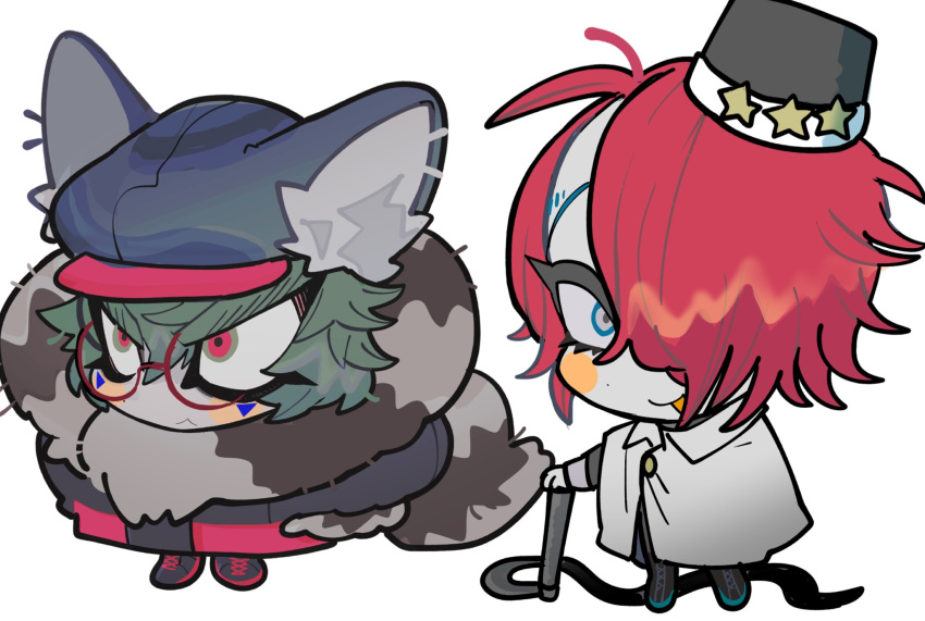 2boys animal_ears animal_hat black_footwear black_headwear cabbie_hat cape chibi closed_mouth commentary_request fake_animal_ears full_body fur_collar glasses green_hair hair_between_eyes hair_over_one_eye hat highres holding holding_whip long_sleeves looking_at_viewer male_focus master_detective_archives:_rain_code multiple_boys na_6 open_mouth red-framed_eyewear red_eyes red_hair round_eyewear shoes short_hair simple_background smile standing white_background white_cape yomi_hellsmile zilch_alexander