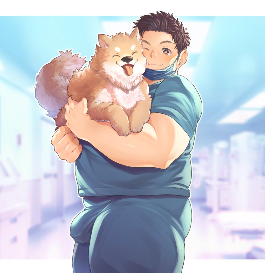 1boy :t absurdres affectionate animal bara blush brown_hair bulge cheek_press covered_penis cowboy_shot doctor dog facial_hair highres holding holding_animal looking_at_viewer male_focus mask mouth_mask one_eye_closed original osu_(osumankokuou) scrub short_hair sideburns_stubble solo standing stubble thick_thighs thighs