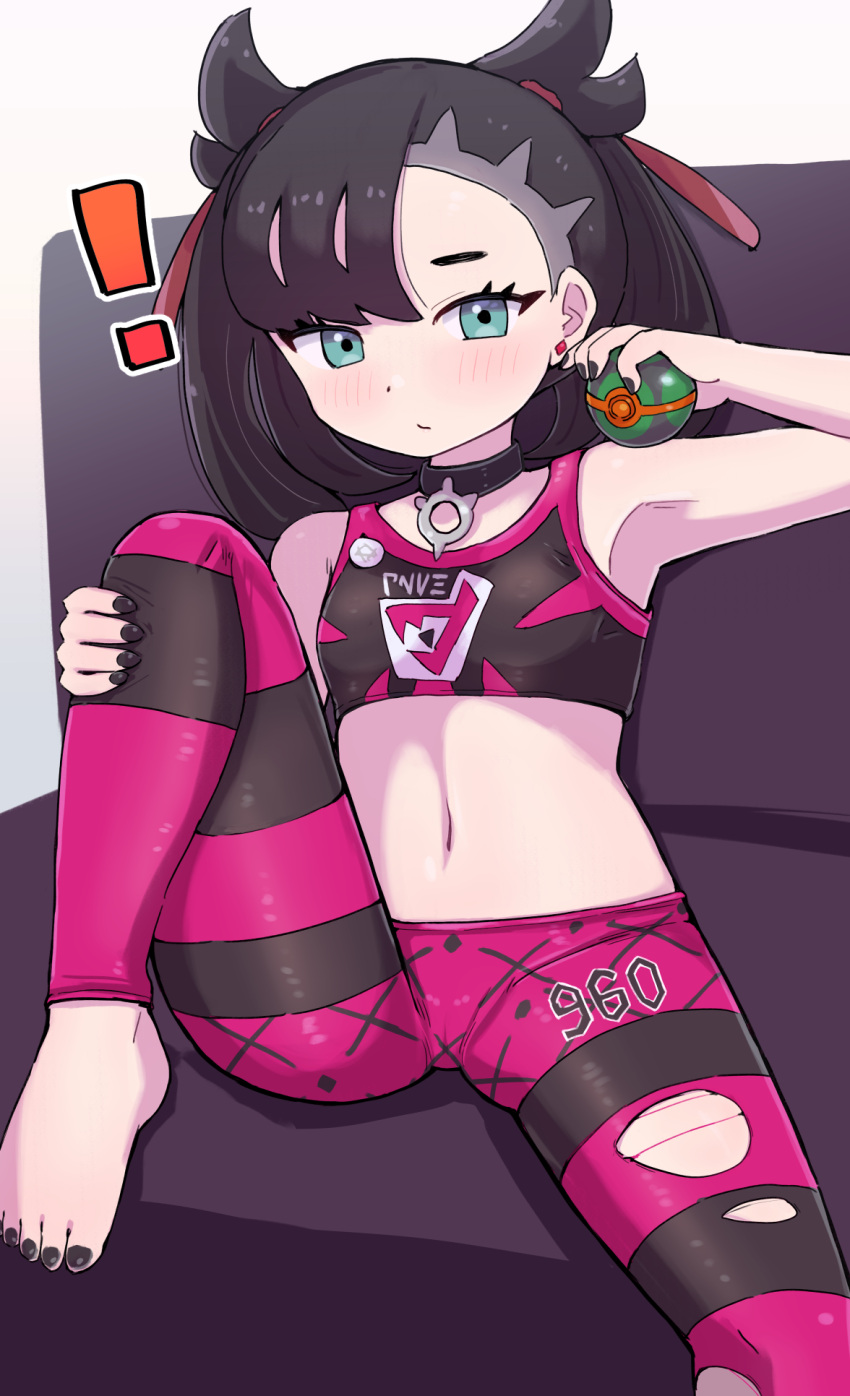 ! 1girl asymmetrical_bangs barefoot black_collar black_hair black_nails blush closed_mouth collar commentary_request couch cropped_shirt dusk_ball earrings eyelashes green_eyes hair_ribbon hand_up highres holding holding_poke_ball jewelry kutabireta_neko leggings marnie_(pokemon) nail_polish navel poke_ball pokemon pokemon_swsh red_ribbon ribbon shirt sitting sleeveless sleeveless_shirt solo spread_legs toenail_polish toenails toes torn_clothes torn_leggings twintails two_side_up