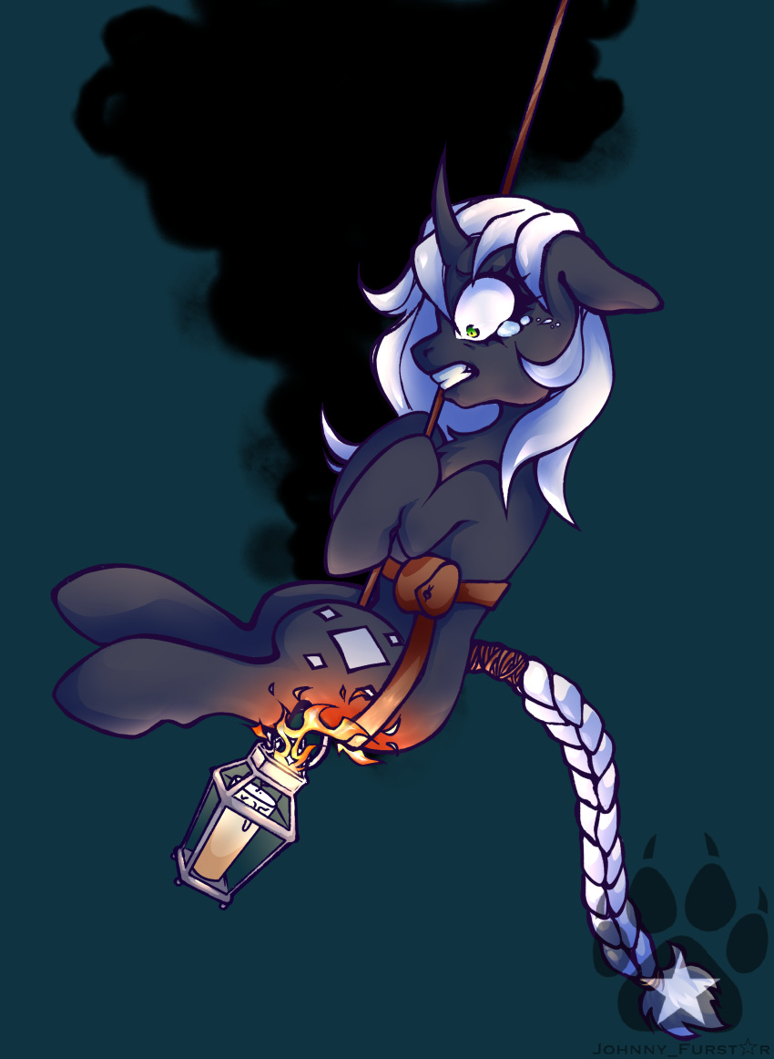 absurd_res burning butt_on_fire candle dangling equid equine fan_character female feral fire friendship_is_magic hair hasbro hi_res horn horse johnny_furstar lamp lantern looking_down mammal my_little_pony mythological_creature mythological_equine mythology pain pony smoke solo unicorn white_hair