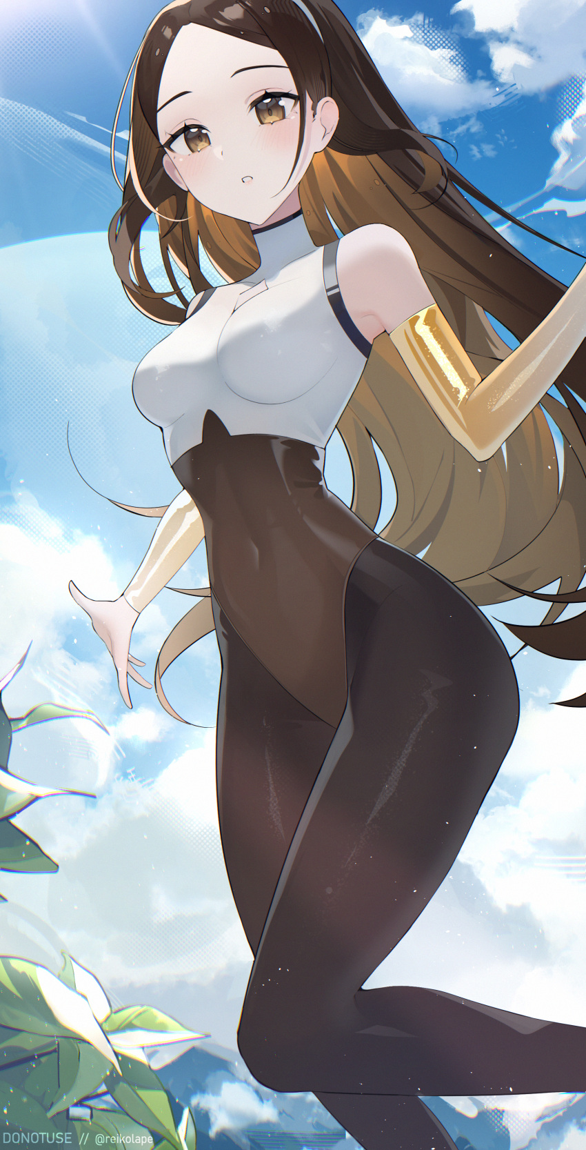1girl absurdres arm_warmers black_pantyhose blonde_hair blue_sky breasts brown_hair chromatic_aberration cloud colored_inner_hair commission covered_navel day diamond_cutout gela_flying hairband highres indie_virtual_youtuber leotard long_hair medium_breasts multicolored_hair outdoors pantyhose parted_bangs reiko_lape sky solo turtleneck twitter_username two-tone_hair virtual_youtuber white_hairband yellow_arm_warmers yellow_eyes