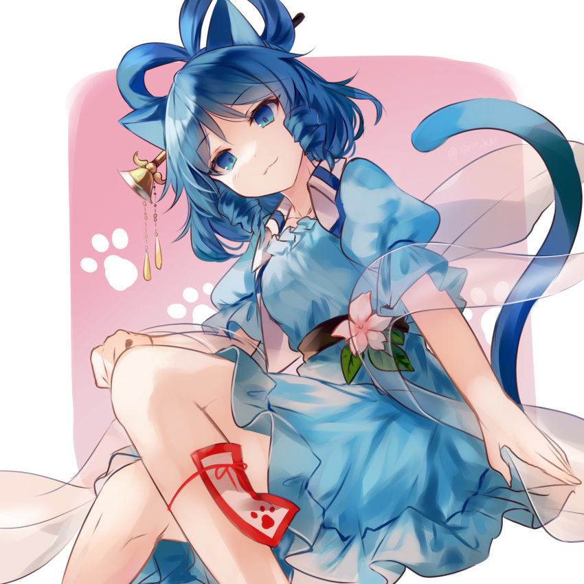 1girl animal_ears belt blue_dress blue_eyes blue_hair breasts cat_ears cat_tail closed_mouth commentary_request dress drill_hair drill_sidelocks feet_out_of_frame flower frills hagoromo hair_ornament hair_rings hair_stick highres kaku_seiga kemonomimi_mode knees_up kutsuki_kai light_smile looking_at_viewer medium_breasts medium_hair paw_print paw_print_background pink_background pink_flower puffy_short_sleeves puffy_sleeves shawl short_sleeves sidelocks simple_background solo tail touhou