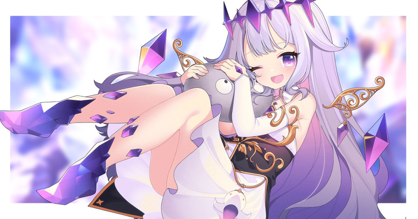 1girl bridal_gauntlets chest_jewel colored_inner_hair dress eskimofox grey_hair hair_flaps hololive hololive_english jewel_under_eye koseki_bijou koseki_bijou_(1st_costume) long_hair looking_at_viewer multicolored_hair one_eye_closed open_mouth pebble_(koseki_bijou) pink_hair purple_eyes single_bridal_gauntlet smile virtual_youtuber white_bridal_gauntlets white_dress