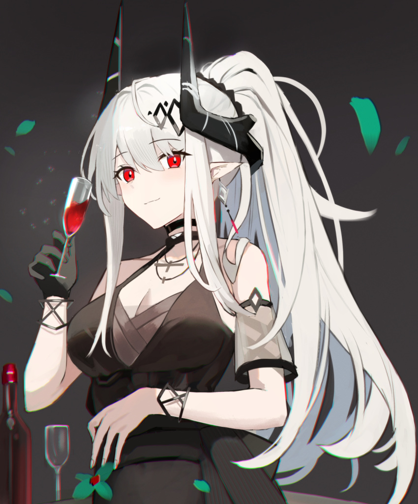 1girl arknights black_choker black_gloves bracelet breasts choker chromatic_aberration cleavage commentary cup detached_sleeves dress earrings falling_petals gloves hair_between_eyes hair_ornament highres holding holding_cup horns jewelry large_breasts long_hair looking_at_viewer mudrock_(arknights) mudrock_(obsidian)_(arknights) multico necklace official_alternate_costume petals pointy_ears ponytail red_eyes sidelocks single_glove sleeveless sleeveless_dress solo upper_body white_hair