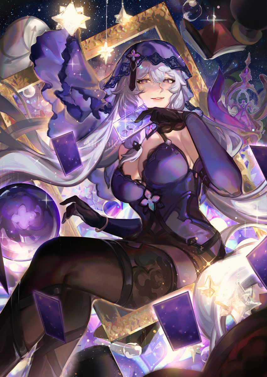 1girl bare_shoulders black_gloves black_swan_(honkai:_star_rail) breasts brown_eyes card commentary dress elbow_gloves feet_out_of_frame gloves grey_hair grin highres holding holding_card honkai:_star_rail honkai_(series) large_breasts long_hair looking_at_viewer miothle pantyhose parted_lips purple_dress sitting sleeveless sleeveless_dress smile solo veil very_long_hair