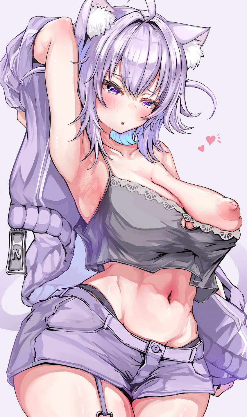 1girl ahoge animal_ear_fluff animal_ears belt black_camisole blue_hair blush breasts camisole cat_cutout cat_ears cat_girl cat_tail cleavage cleavage_cutout clothing_cutout colored_inner_hair highres hololive jacket kajimakoto large_breasts looking_at_viewer medium_hair multicolored_hair nekomata_okayu nekomata_okayu_(7th_costume) nipples official_alternate_costume one_breast_out open_mouth purple_eyes purple_hair purple_jacket purple_shorts shorts smile solo tail two_side_up virtual_youtuber white_belt
