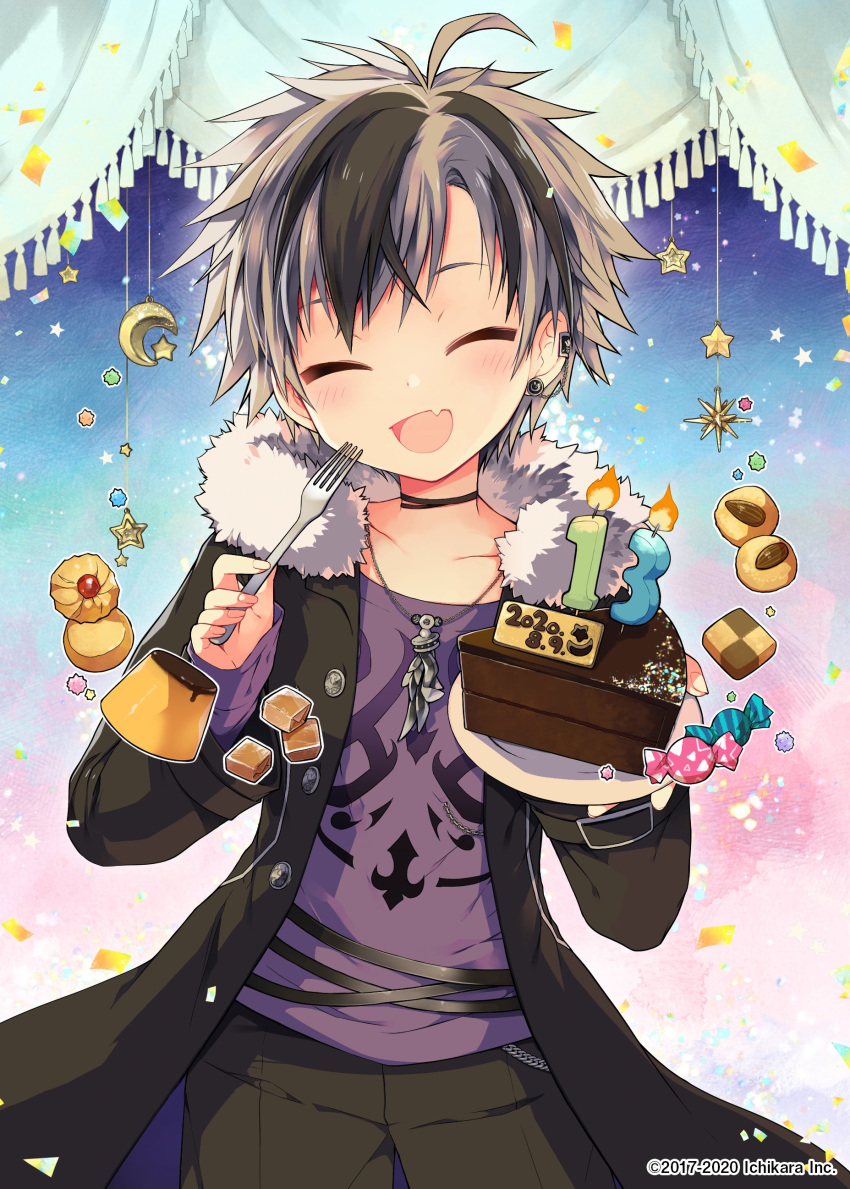 1boy ^_^ absurdres belt belt_chain black_belt black_choker black_hair black_jacket black_shorts blush cake candle candy choker closed_eyes collarbone cookie copyright_name curtains dated fang food fork fur_trim highres holding holding_fork holding_plate jacket jewelry kamiyoshi_rika male_focus moon multicolored_hair multicolored_shirt necklace nijisanji official_art open_clothes open_jacket open_mouth plate pudding purple_tank_top short_hair shorts solo star_(symbol) streaked_hair suzuki_masaru tank_top tongue virtual_youtuber watercolor_background white_hair