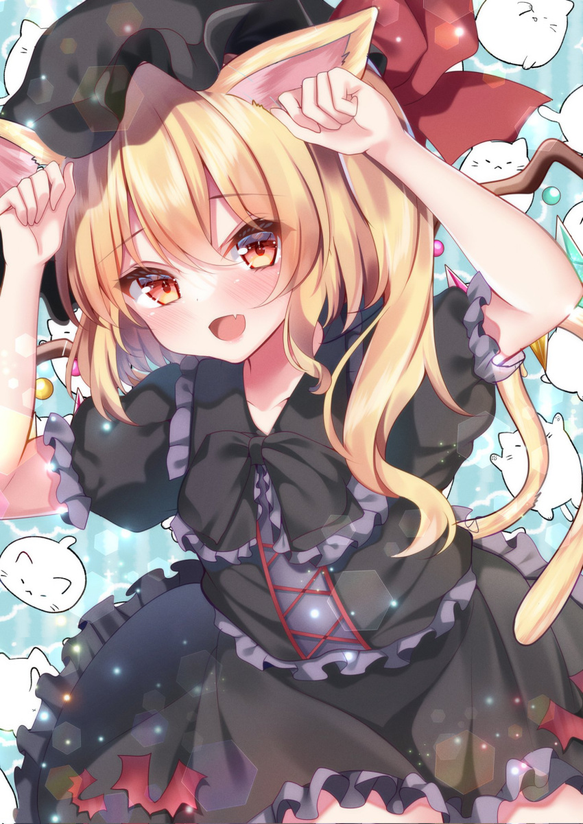 1girl alternate_color animal_ears aqua_background arms_up black_headwear black_shirt black_skirt blonde_hair blush cat cat_day cat_ears clenched_hands commentary cowboy_shot crystal eyes_visible_through_hair fang flandre_scarlet frilled_shirt frilled_skirt frilled_sleeves frills gothic_lolita hair_between_eyes happy hat hat_ribbon highres kemonomimi_mode light_particles lolita_fashion long_hair looking_at_viewer mob_cap one_side_up open_mouth orange_eyes paw_pose puffy_short_sleeves puffy_sleeves red_ribbon ribbon shirotsuki_shirone shirt short_sleeves simple_background skin_fang skirt solo touhou white_cat wings