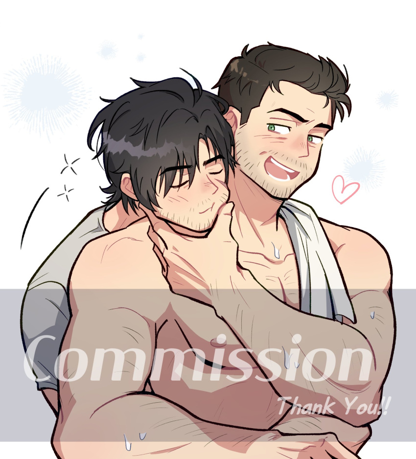 2boys bad_id bad_twitter_id bara beard_stubble blush character_request commission couple facial_hair feeling_facial_hair final_fantasy head_on_another's_shoulder heart highres hug hug_from_behind male_focus multiple_boys muscular muscular_male mustache_stubble pectorals short_hair sideburns_stubble smile sparse_arm_hair sparse_chest_hair squeans stubble thick_eyebrows upper_body waking_up wasted_m9 watermark wrinkled_skin yaoi