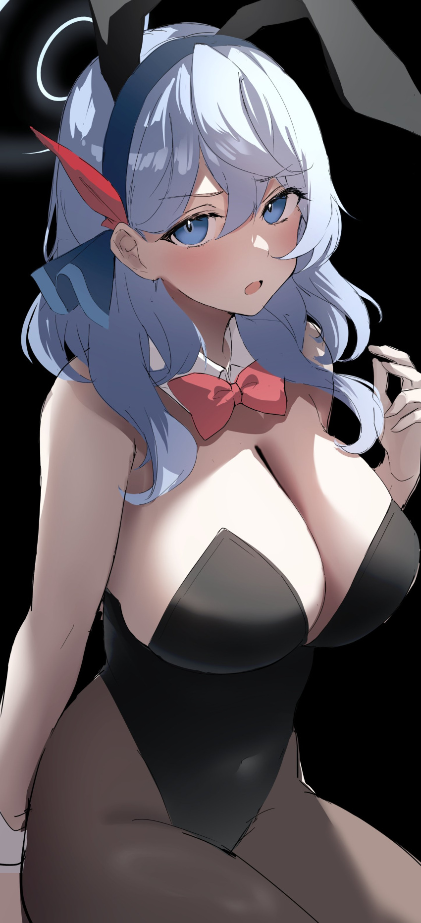 1girl absurdres ako_(blue_archive) animal_ears black_leotard black_pantyhose blue_archive blue_eyes blue_hair bow bowtie breasts detached_collar hair_between_eyes highleg highleg_leotard highres large_breasts leotard looking_at_viewer medium_hair pantyhose playboy_bunny rabbit_ears red_bow red_bowtie sitting solo strapless strapless_leotard usa_b wrist_cuffs
