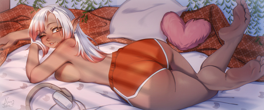 bed blush bottomwear breasts brown_body brown_skin clothing cozy electronics feet female footwear furniture hair headphones hi_res high_heels human humanoid_pointy_ears long_hair mammal neon-chan not_furry on_bed pillow red_bottomwear red_clothing red_eyes red_shorts shorts smile solo solo_focus white_hair