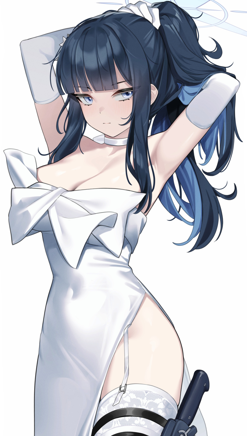 1girl absurdres armpits arms_up blue_archive blue_eyes blue_hair breasts choker cleavage covered_navel cowboy_shot dress elbow_gloves garter_straps gloves highres large_breasts long_hair looking_at_viewer ponytail saori_(blue_archive) saori_(dress)_(blue_archive) solo standing strapless strapless_dress thigh_strap thighhighs wakamepiza white_choker white_dress white_gloves white_thighhighs
