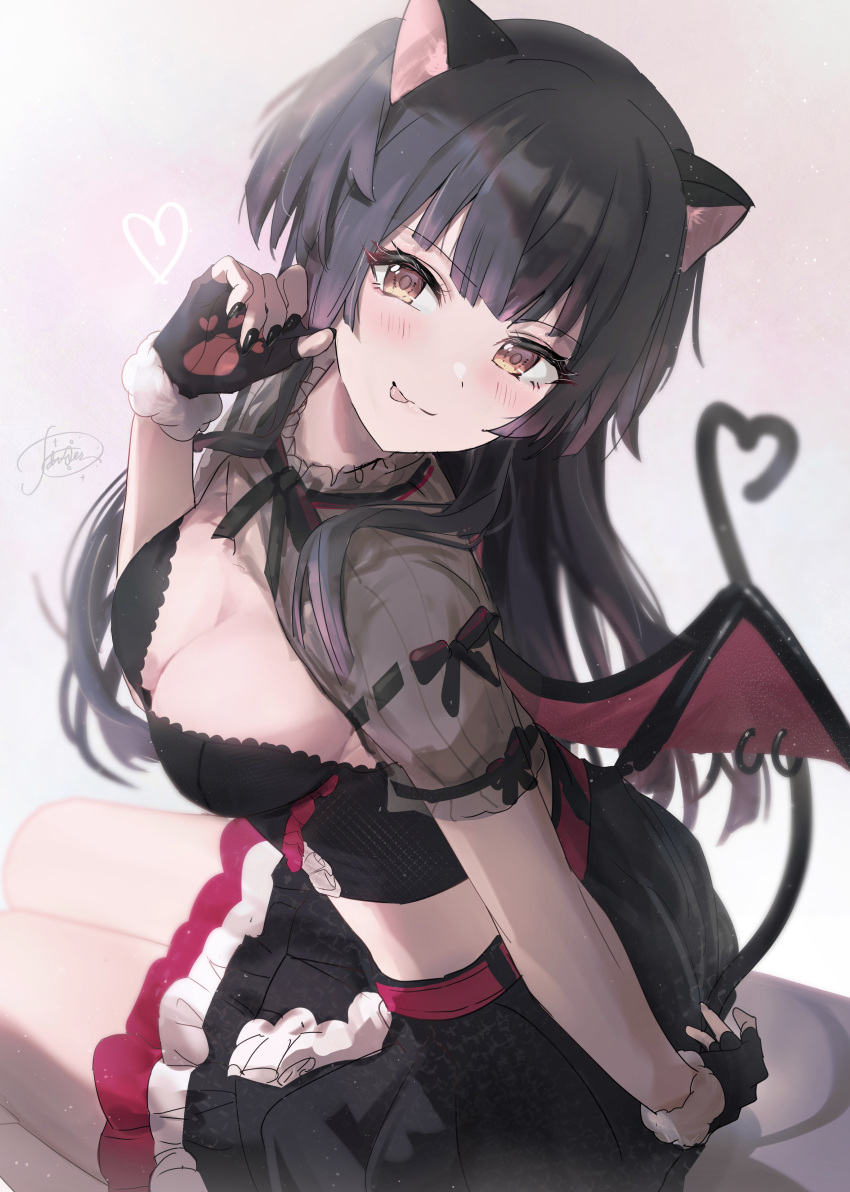 1girl :p absurdres animal_ears black_gloves black_hair black_skirt blush cat_ears cat_tail commentary_request crop_top fingerless_gloves fingernails fur-trimmed_gloves fur_trim gloves heart highres idolmaster idolmaster_shiny_colors kemonomimi_mode looking_at_viewer mayuzumi_fuyuko nail_polish partial_commentary powder_is_kona see-through signature sitting skirt smile solo tail tongue tongue_out