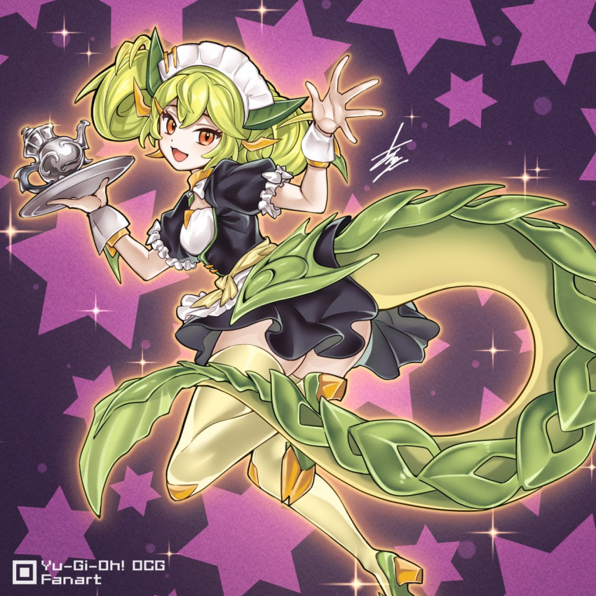 1girl arikanrobo dragon_girl dragon_tail duel_monster green_hair highres holding holding_plate looking_at_viewer maid_headdress open_mouth orange_eyes parlor_dragonmaid plate print_background puffy_short_sleeves puffy_sleeves short_sleeves solo star_(symbol) star_print tail thighhighs yu-gi-oh!