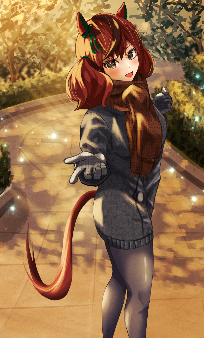 1girl absurdres animal_ears azuki_(azuki_azukki) black_coat black_gloves black_pantyhose blush bow brown_scarf coat commentary_request ear_bow ear_covers feet_out_of_frame gloves green_bow hair_between_eyes highres horse_ears horse_girl horse_tail long_sleeves looking_at_viewer medium_hair multicolored_hair nice_nature_(umamusume) open_mouth outdoors outstretched_hand pantyhose scarf smile solo streaked_hair tail twintails umamusume