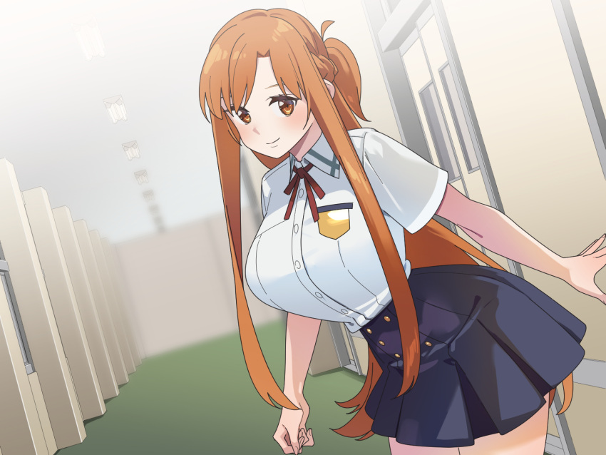 1girl alternate_costume asuna_(sao) black_skirt breasts brown_eyes brown_hair buttons cowboy_shot double-breasted highres indoors large_breasts leaning_forward long_hair looking_at_viewer neck_ribbon pleated_skirt red_ribbon ribbon school_uniform shirt skirt smile solo sword_art_online vogel_schwein web_address white_shirt