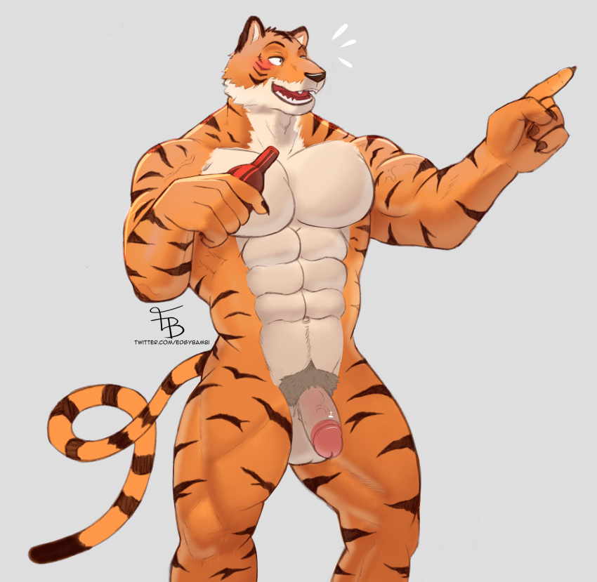 abs anthro balls beastars bengal_tiger bill_(beastars) casual_nudity felid flaccid genitals hi_res humanoid_genitalia jayjay_(artist) male mammal manly muscular muscular_anthro muscular_male navel nipples nude pantherine pecs penis pubes quads simple_background striped_body stripes tiger