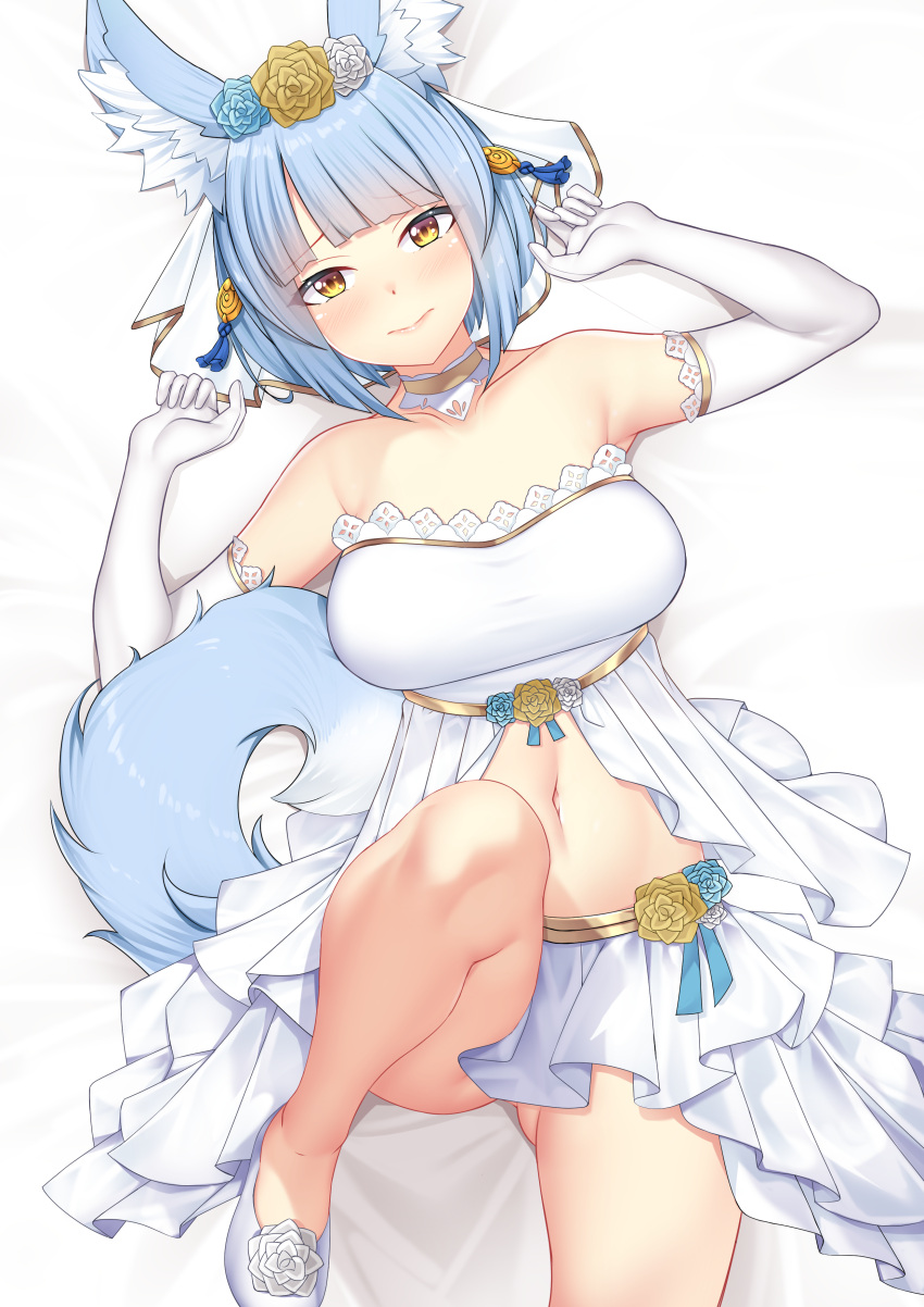 1girl absurdres alternate_costume animal_ear_fluff animal_ears bad_source blue_hair collar commission commissioner_upload dress elbow_gloves fire_emblem fire_emblem_fates flats flower fox_ears fox_girl fox_tail gloves hair_flower hair_ornament highres kitsune light_blush looking_at_viewer lying midriff nabunabu on_back short_hair solo tail wedding_dress white_background yellow_eyes