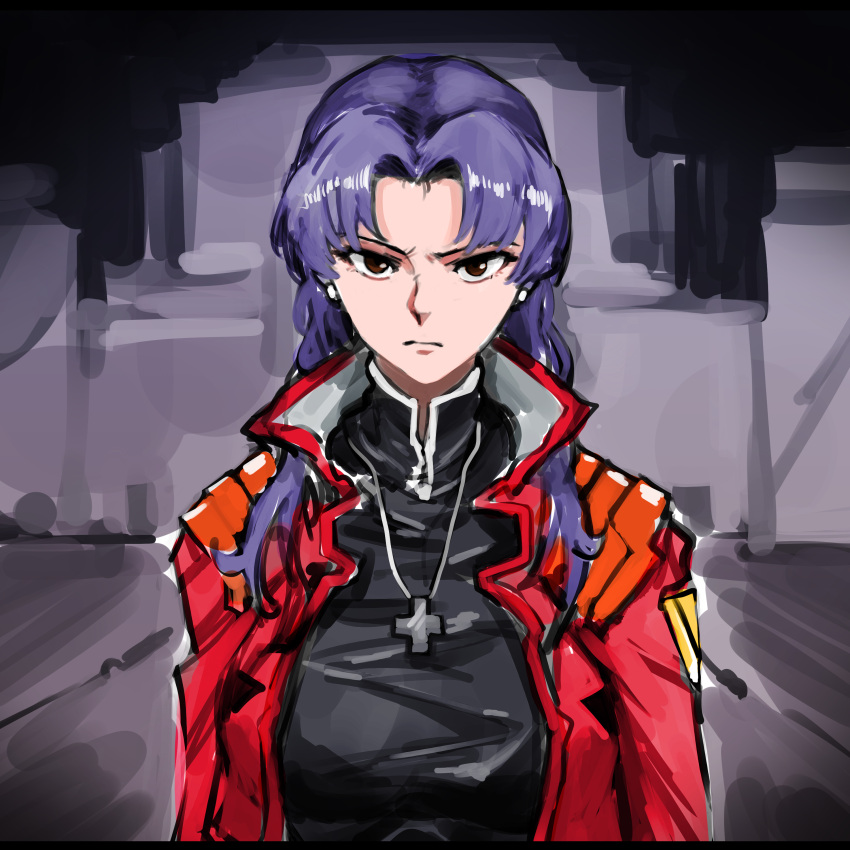 1girl :&lt; absurdres breasts brown_eyes cross cross_necklace delpia earrings highres jacket jewelry katsuragi_misato large_breasts lips long_hair looking_at_viewer necklace neon_genesis_evangelion open_clothes open_jacket purple_hair red_jacket solo standing