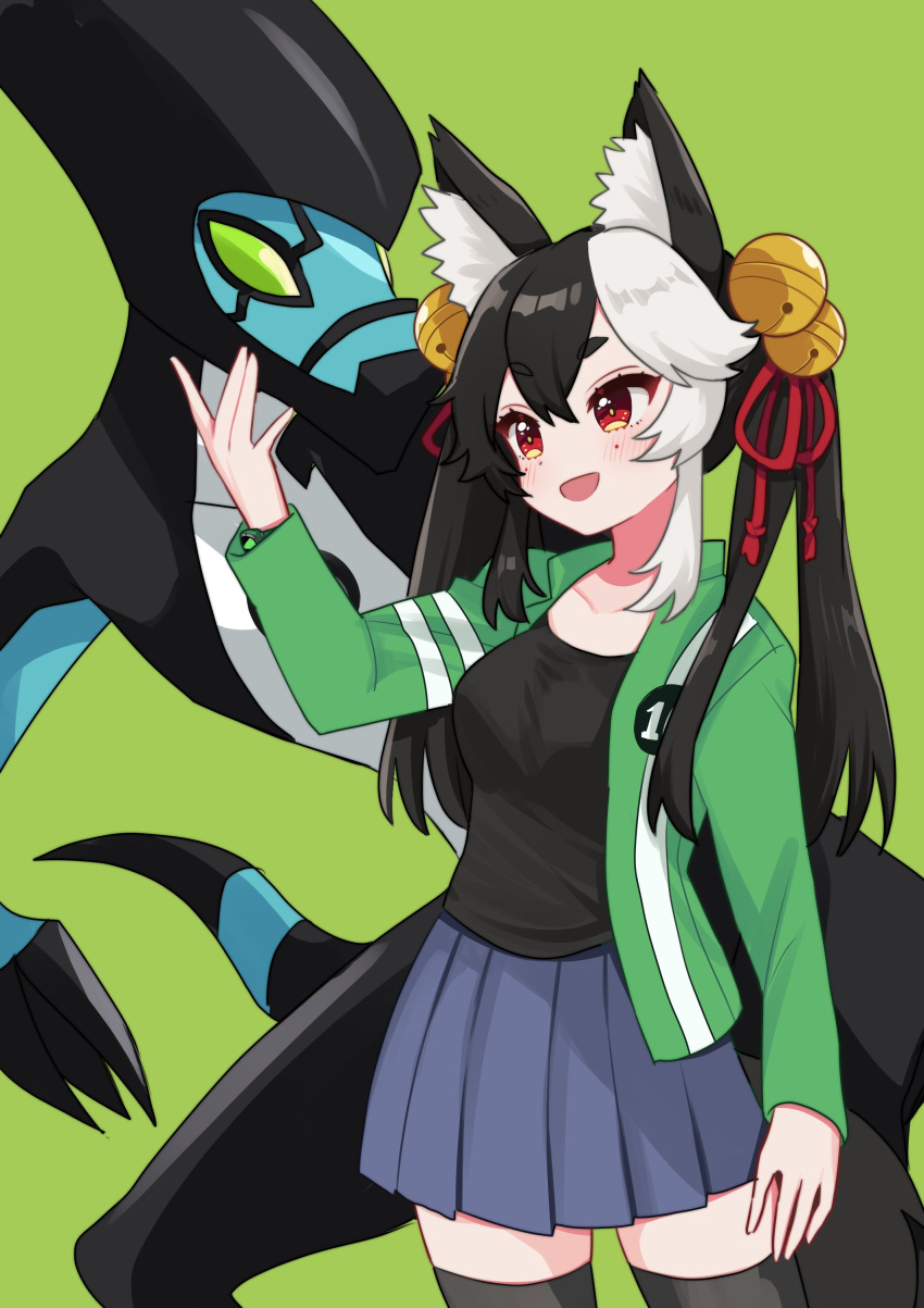 1girl absurdres animal_ear_fluff animal_ears bell ben_10 black_hair black_shirt black_thighhighs blouse blue_skirt blush breasts collarbone commission fox_ears fox_girl gammainkk green_background green_jacket hair_bell hair_ornament highres indie_virtual_youtuber jacket long_hair mole mole_under_each_eye mole_under_eye multicolored_hair multiple_moles open_clothes open_jacket open_mouth pleated_skirt red_eyes second-party_source shirt short_eyebrows skeb_commission skirt sukoyaka_(100hituzi) thighhighs twintails two-tone_hair virtual_youtuber white_hair xlr8