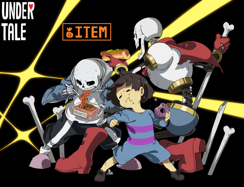 1other 2boys :i androgynous black_background black_shorts blue_jacket bone brothers cape cel_shading child closed_eyes commentary copyright_name doughnut drawstring eating fighting_stance food food_on_face fork frisk_(undertale) from_side full_body gameplay_mechanics gloves grin highres holding holding_bone holding_food holding_fork hood hood_down hooded_jacket hot_dog jacket kamezaemon legs_apart male_focus multiple_boys on_one_knee open_mouth papyrus_(undertale) pasta pink_footwear red_cape red_footwear red_gloves romper sans shirt shorts siblings simple_background skeleton slippers smile spaghetti standing sweat tearing_up torn_cape torn_clothes torn_gloves undertale white_shirt