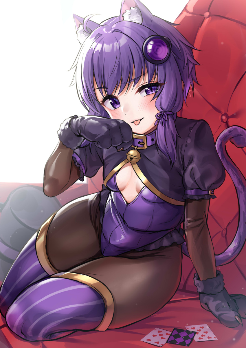 1girl absurdres ahoge animal_ear_fluff animal_ears animal_hands black_gloves black_pantyhose blush breasts card cat_ears cat_paws cat_tail covered_navel extra_ears gloves hair_between_eyes hair_ornament highres looking_at_viewer pantyhose paw_gloves purple_eyes purple_hair short_hair_with_long_locks small_breasts smile solo tail tenneko_yuuri tongue tongue_out voiceroid yuzuki_yukari