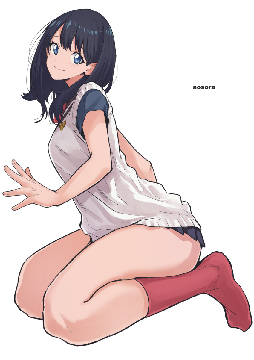 1girl aosora2823 artist_name black_hair black_skirt blue_eyes blue_shirt blush breasts closed_mouth commentary from_side full_body gridman_universe gridman_universe_(film) highres kneeling legs looking_at_viewer medium_breasts medium_hair miniskirt no_shoes pleated_skirt red_socks shirt short_sleeves simple_background skirt smile socks solo swept_bangs takarada_rikka thick_thighs thighs vest white_background white_vest