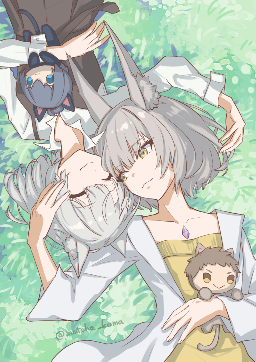 2girls :&gt; :&lt; animal_ear_fluff animal_ears casual cat_ears character_doll facial_mark grey_hair highres looking_at_another lying mio_(xenoblade) mother_and_daughter multiple_girls nia_(xenoblade) noah_(xenoblade) on_back parent_and_child rex_(xenoblade) short_hair smile very_long_ears whisker_markings xenoblade_chronicles_(series) xenoblade_chronicles_2 xenoblade_chronicles_3 yanagimachi yellow_eyes