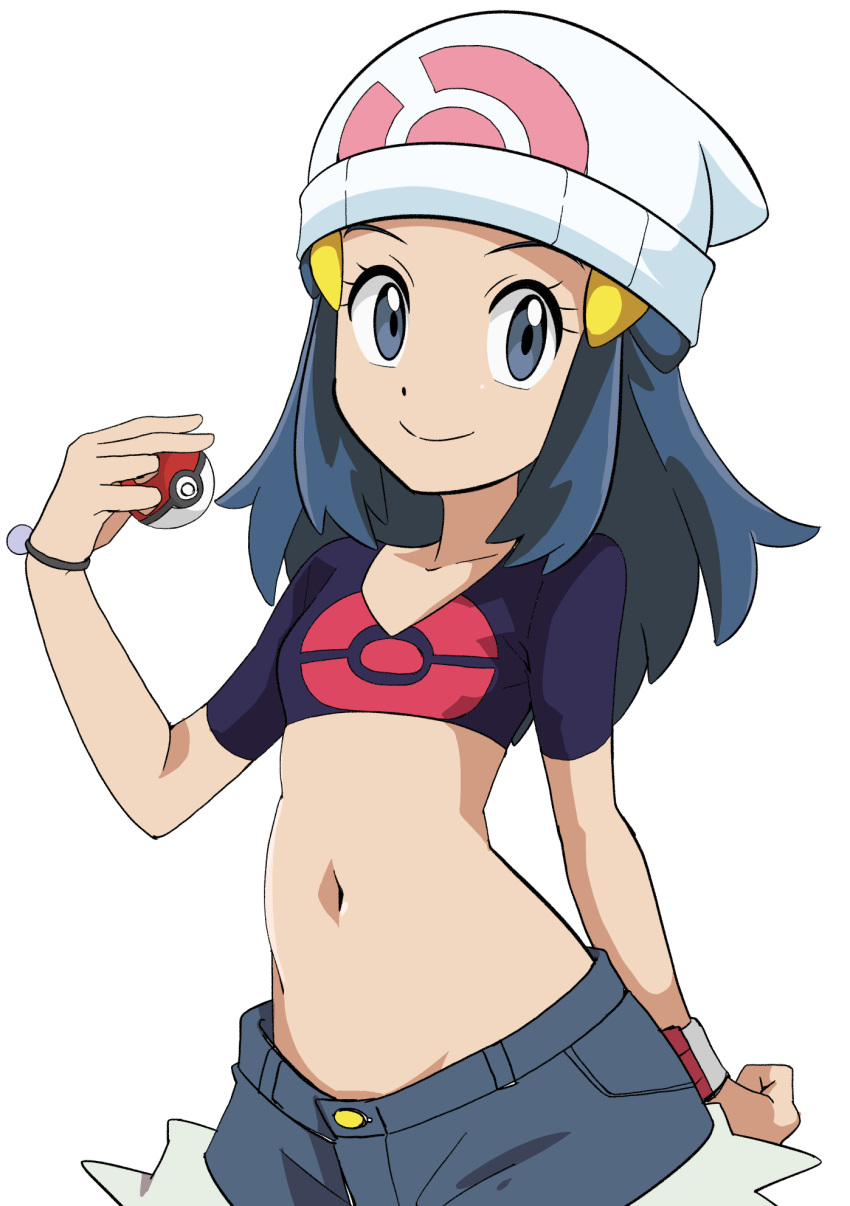 1girl beanie black_hair bracelet closed_mouth commentary_request cropped_shirt dawn_(pokemon) exposed_pocket eyelashes grey_eyes grey_shorts hainchu hair_ornament hairclip hand_up hat highres holding holding_poke_ball jewelry long_hair midriff navel poke_ball poke_ball_(basic) poke_ball_print pokemon pokemon_(anime) pokemon_journeys poketch short_sleeves shorts sidelocks simple_background smile solo watch white_background white_headwear wristwatch