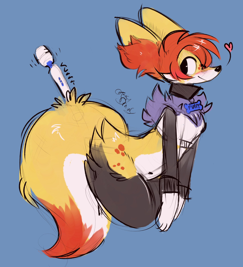 &lt;3 2023 alternate_species anthro big_tail black_body black_collar black_fur black_nose blue_background blush bottomless braixen clothed clothing collar collar_tag colored_sketch crop_top digital_drawing_(artwork) digital_media_(artwork) female female_anthro flat_colors fur generation_6_pokemon hair half-length_portrait hi_res hitachi_magic_wand inner_ear_fluff leaning leaning_forward markings navel nintendo nonbinary_(lore) orange_hair orange_inner_ear_fluff orange_markings pink_blush pokemon pokemon_(species) portrait sex_toy shirt side_view simple_background sketch smile snout solo tail tansy_(tansydrawsnsfw) tansydrawsnsfw topwear trans_(lore) trans_man_(lore) tuft vibrator wand_vibrator white_body white_fur yellow_body yellow_fur