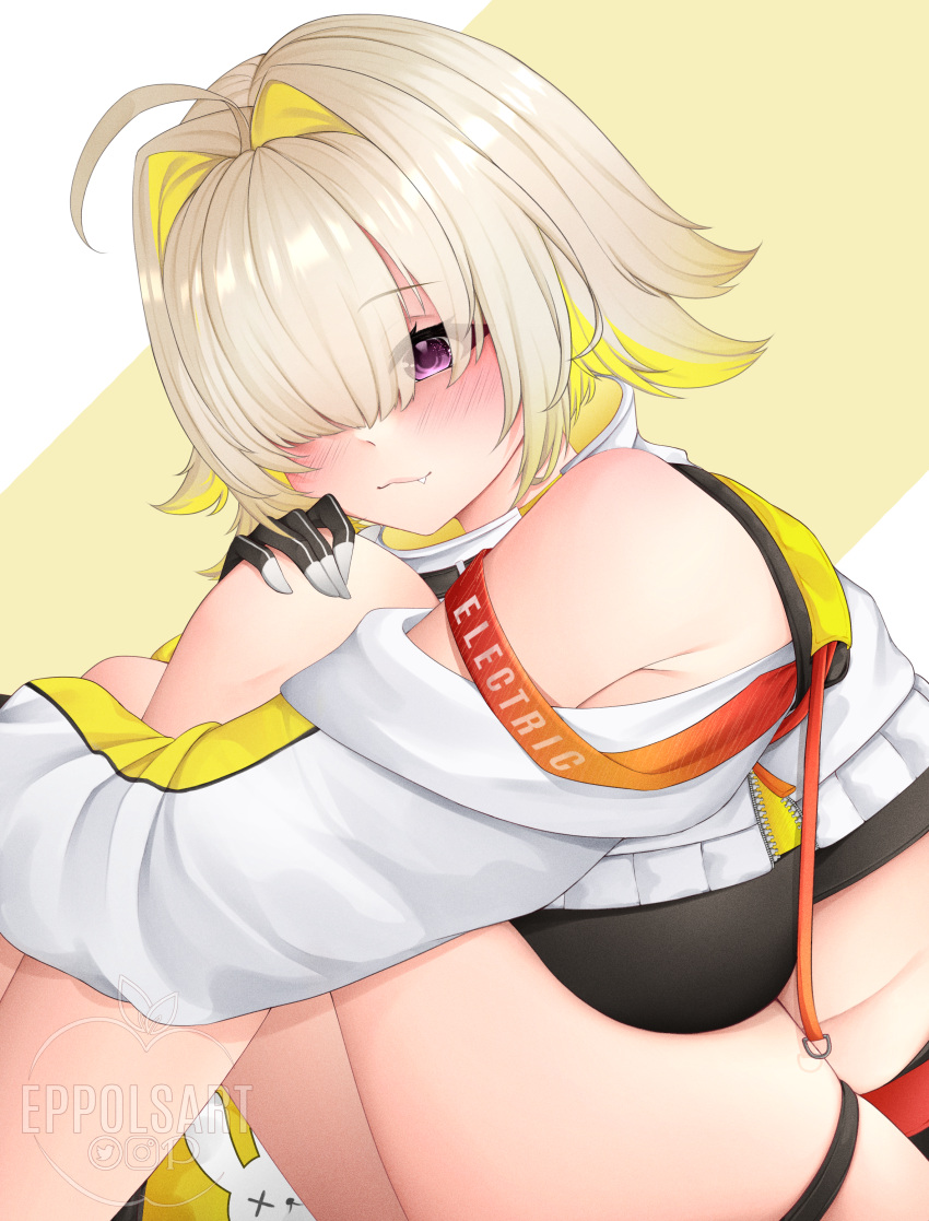 1girl :3 absurdres ahoge blonde_hair blush breasts closed_mouth cropped_jacket elegg_(nikke) eppols_art fang goddess_of_victory:_nikke hair_intakes hair_over_eyes highres jacket knees_up large_breasts long_bangs long_sleeves looking_at_viewer off_shoulder purple_eyes sidelocks simple_background sitting smile solo thigh_strap white_jacket