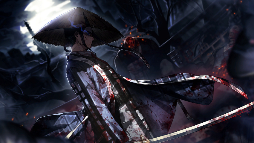 1boy 2others black_hair black_kimono blood blood_on_clothes blood_on_weapon blue_eyes closed_mouth death decapitation eye_trail from_side game_cg grey_pants guro hat headless highres holding holding_sword holding_weapon japanese_clothes kimono light_trail limbus_company long_sleeves looking_at_viewer male_focus meursault_(project_moon) moon multiple_others nai_ga night official_art open_clothes open_kimono outdoors pants project_moon scar scar_on_face short_hair solo_focus standing sun_hat sword weapon