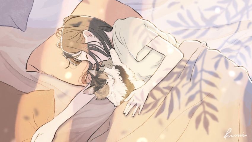 1girl artist_name brown_hair calico cat cat_day closed_eyes dappled_sunlight day fumi_futamori highres indoors long_hair lying on_side original pillow profile shirt short_sleeves sidelocks signature sleeping solo sunlight under_covers white_shirt