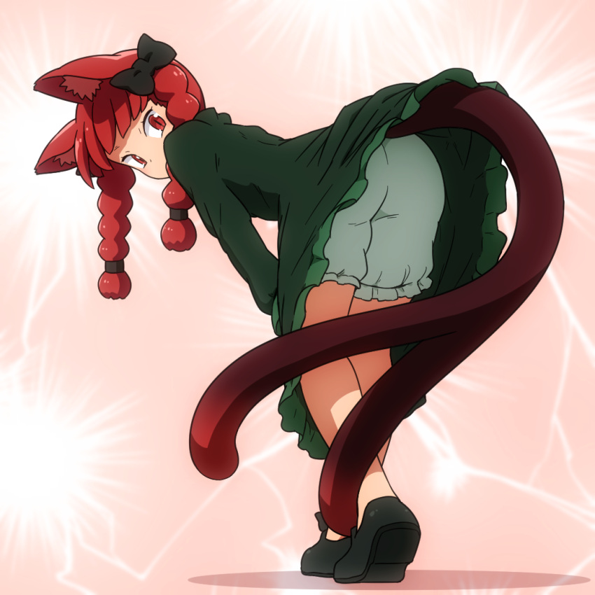 1girl animal_ears black_footwear bloomers braid cat_ears cat_tail dress full_body green_dress kaenbyou_rin long_hair long_sleeves multiple_tails red_eyes red_hair shirosato shoes slit_pupils solo tail touhou twin_braids two_tails white_bloomers