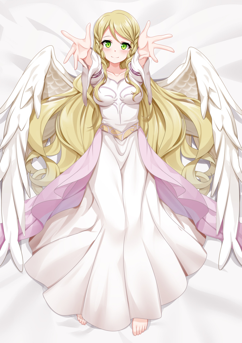 1girl absurdres angel_wings bad_source barefoot bed blonde_hair chrita commission commissioner_upload dress feathered_wings fire_emblem fire_emblem:_path_of_radiance fire_emblem:_radiant_dawn green_eyes highres leanne_(fire_emblem) long_hair looking_at_viewer lying on_back on_bed reaching reaching_towards_viewer smile solo white_background white_dress white_wings wings