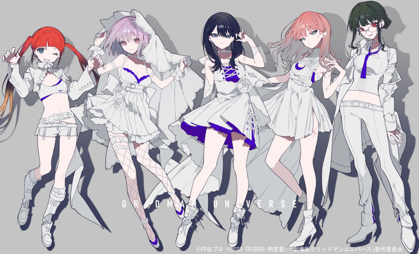 5girls anosillus_ii asukagawa_chise black_hair blue_eyes boots bow bowtie breasts brown_hair coat copyright_name dress glasses green_eyes gridman_universe gridman_universe_(film) high_heels highres long_hair looking_at_viewer minami_yume mochizuki_kei mole mole_under_mouth multiple_girls necktie official_art open_clothes open_coat pants red_eyes red_hair scrunchie shinjou_akane shirt short_hair skirt smile takarada_rikka thighs twintails white_dress white_footwear