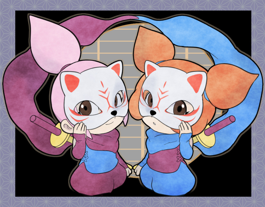 2girls ana_(warioware) blue_scarf brown_eyes double_bun fox_mask hair_bun hoshi_(star-name2000) kat_(warioware) looking_at_viewer mask multiple_girls ninja orange_hair parted_lips pink_hair purple_scarf scarf smile sword sword_on_back warioware weapon weapon_on_back