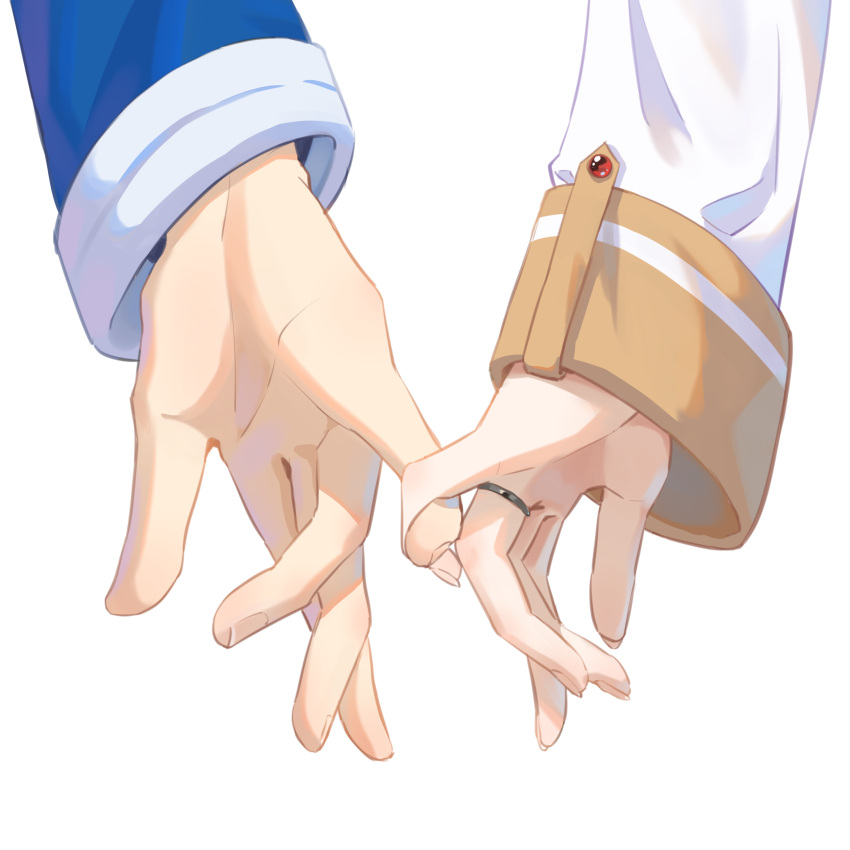 absurdres close-up commentary_request couple fingernails frieren gem hand_focus hetero highres himmel_(sousou_no_frieren) jewelry long_sleeves out_of_frame pinky_swear red_gemstone ring simple_background soralin_t sousou_no_frieren white_background