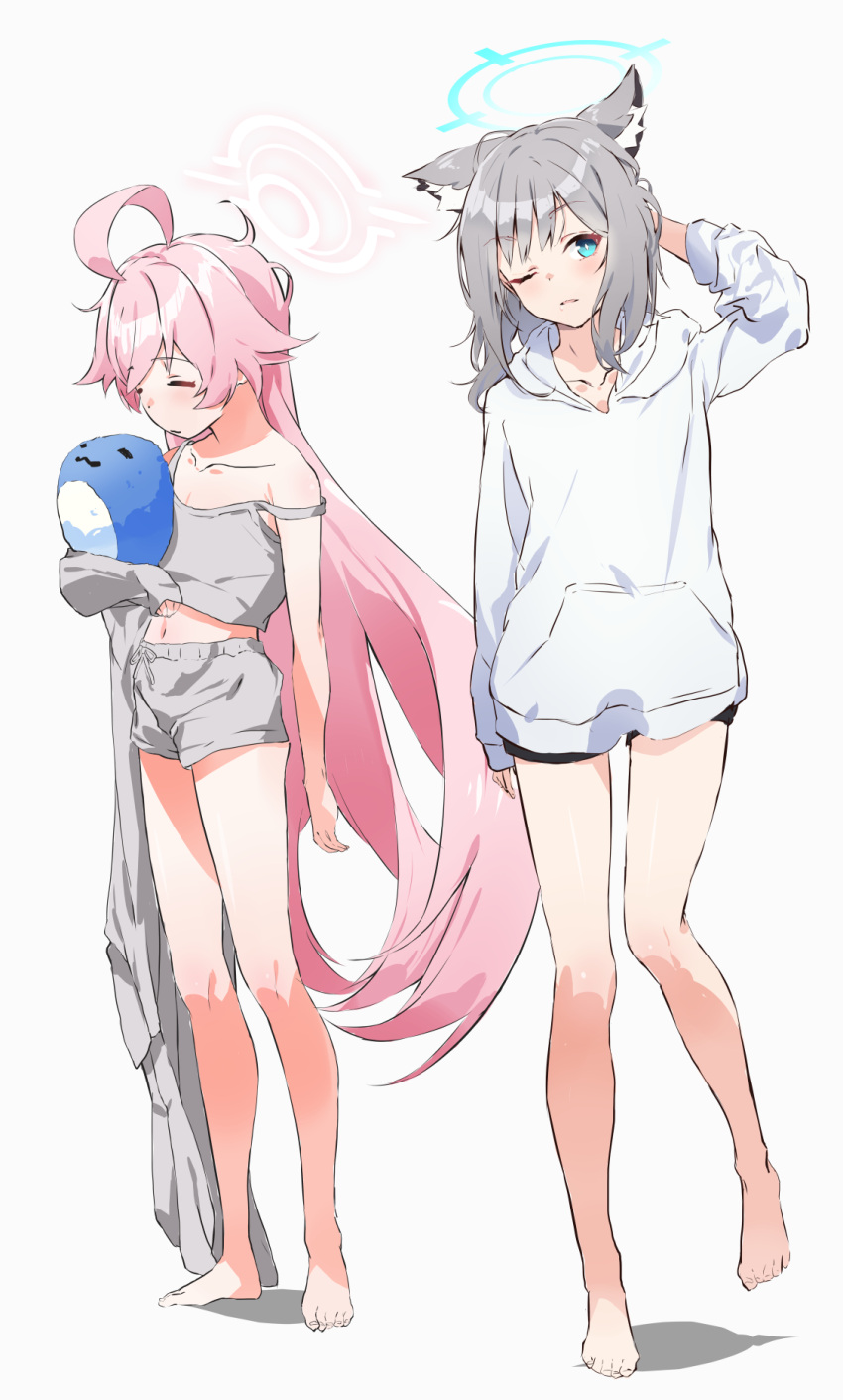 2girls ahoge animal_ear_fluff animal_ears barefoot blue_archive blue_eyes blue_halo blush camisole collarbone extra_ears grey_camisole grey_hair grey_shorts halo highres hood hoodie hoshino_(blue_archive) kuu_(user_gngs5284) long_hair long_sleeves looking_at_viewer medium_hair multiple_girls navel one_eye_closed open_mouth pink_hair pink_halo shiroko_(blue_archive) shorts simple_background toes white_background white_hoodie wolf_ears