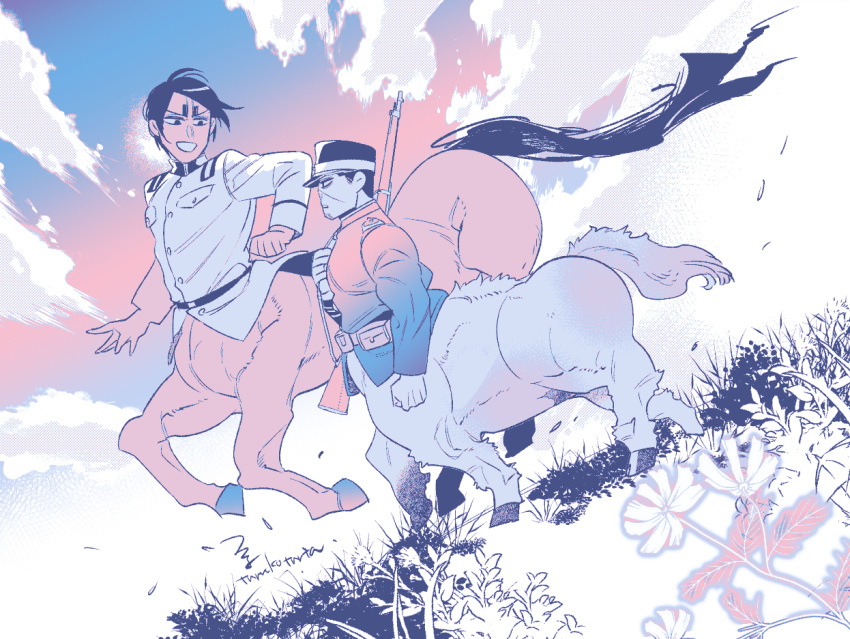 2boys artist_name blue_sky breast_pocket centaur cloud cloudy_sky coat collared_coat dark-skinned_male dark_skin facial_hair flower full_body goatee_stubble golden_kamuy grass gun hand_up hat holding holding_gun holding_weapon hooves horse_tail koito_otonoshin limited_palette long_sleeves looking_at_another male_focus meadow military_hat military_uniform monster_boy monsterification multiple_boys open_mouth outdoors pink_sky pocket rifle running short_hair signature sky stubble tail taur tsukishima_hajime tsuruko_turuta uniform very_short_hair walking weapon