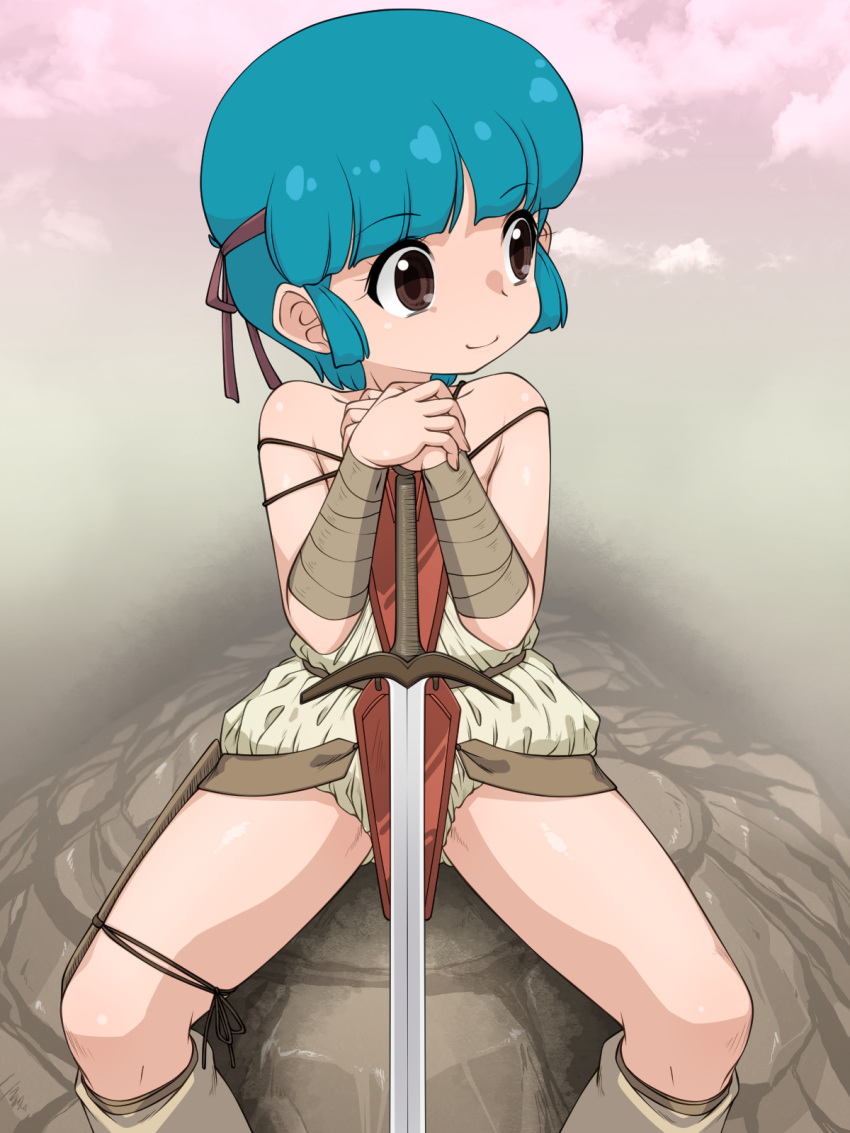 1girl armor bare_shoulders black_eyes blue_hair blunt_sidelocks cloud cloudy_sky headband highres mahou_no_tenshi_creamy_mami morisawa_yuu nurugamer-kouyouju planted planted_sword rock sheath short_hair sidelocks sitting sitting_on_rock sky smile solo sword tareme thighs weapon