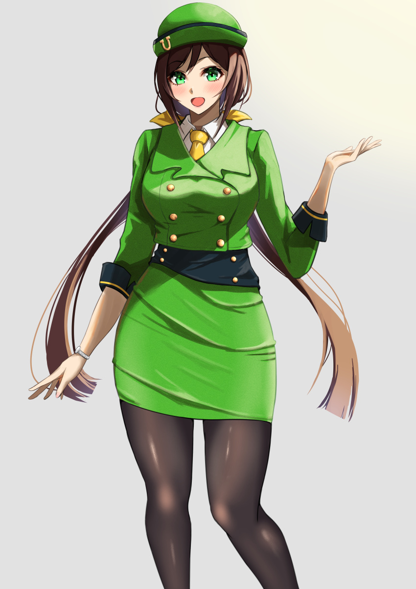 1girl absurdres animal_ears azuki_(azuki_azukki) black_pantyhose bow bowler_hat buttons collared_shirt commentary_request cowboy_shot double-breasted ear_bow formal green_bow green_eyes green_headwear green_jacket green_skirt grey_background hat hayakawa_tazuna highres horse_ears horse_girl horseshoe_ornament jacket looking_at_viewer low_ponytail necktie pantyhose shaded_face shirt sidelocks simple_background skirt skirt_suit solo split_ponytail suit textless_version umamusume watch white_shirt wristwatch yellow_bow yellow_necktie