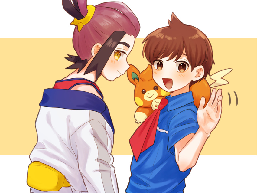 2boys :d blue_shirt blush brown_eyes brown_hair closed_mouth collared_shirt commentary_request fanny_pack florian_(pokemon) highres jacket kieran_(pokemon) male_focus mochi_(mocchi_p_2m) multicolored_hair multiple_boys necktie on_shoulder open_mouth pawmi pokemon pokemon_(creature) pokemon_on_shoulder pokemon_sv red_necktie red_shirt shirt short_hair smile tank_top two-tone_hair white_jacket yellow_bag yellow_eyes