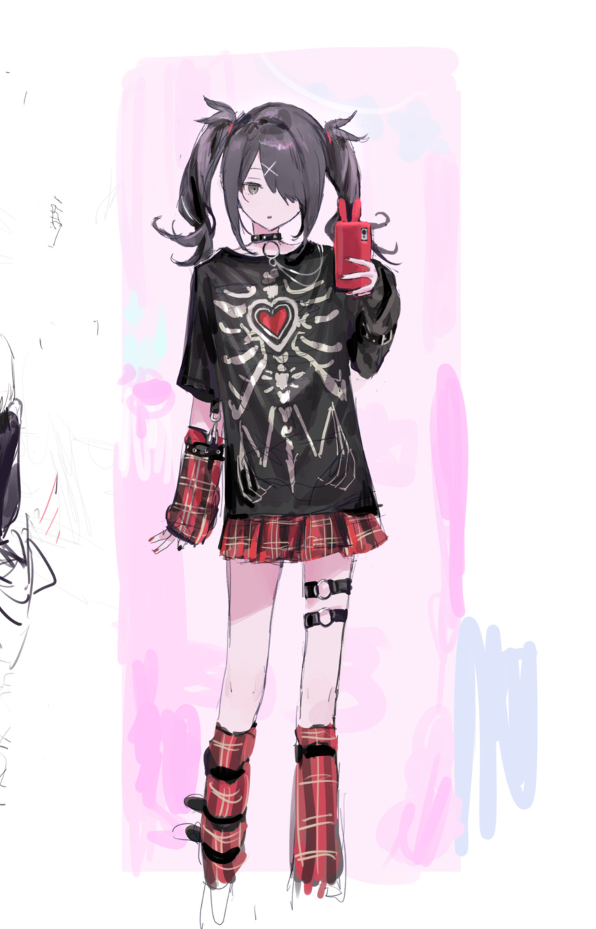 1girl absurdres ame-chan_(needy_girl_overdose) arm_warmers black_choker black_hair black_shirt cellphone choker cropped_legs hair_ornament hair_over_one_eye highres holding holding_phone leg_warmers long_hair looking_at_viewer needy_girl_overdose o-ring o-ring_thigh_strap official_alternate_costume phone plaid plaid_skirt pleated_skirt red_skirt shirt skeleton_print skirt smartphone solo standing t-shirt thigh_strap twintails x_hair_ornament yuuli_(tuna221022)