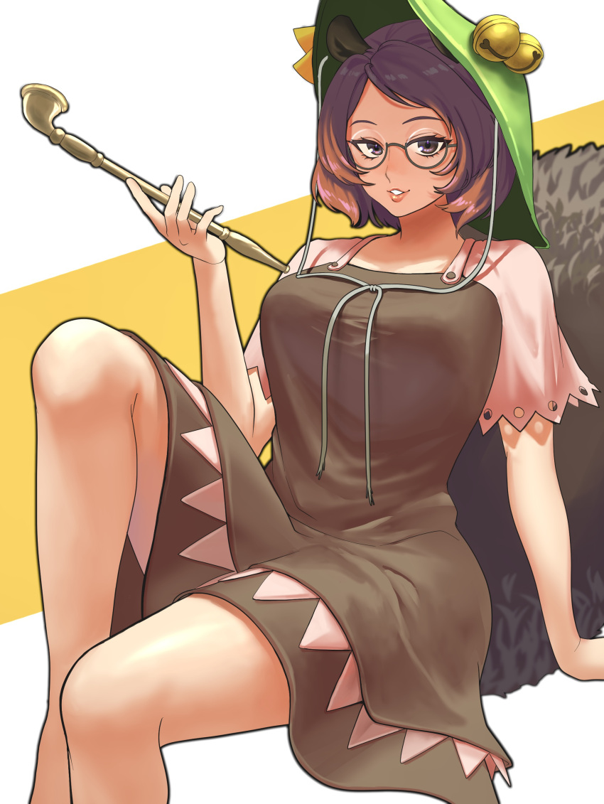 1girl absurdres animal_ears bare_shoulders bell breasts brown_dress brown_eyes brown_hair dress futatsuiwa_mamizou grin highres holding holding_smoking_pipe invisible_chair kiseru large_breasts leaf leaf_on_head lips looking_at_viewer nagarapu raccoon_ears raccoon_girl raccoon_tail short_sleeves sitting smile smoking_pipe solo tail teeth touhou two-tone_background white_background yellow_background