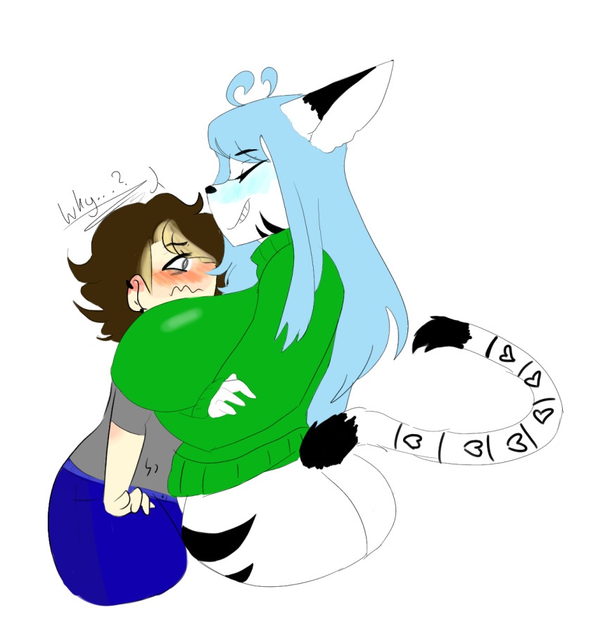 alpha_channel aqua_blush aqua_hair big_breasts big_butt blush bottomless breasts butt clothed clothing dipstick_ears duo eyes_closed feline female fur hug human mammal markings mature_female nicholas_c._corbin simple_background slightly_chubby sweat tail_coil thick_thighs transparent_background trinity_night turtleneck white_fur youtuber