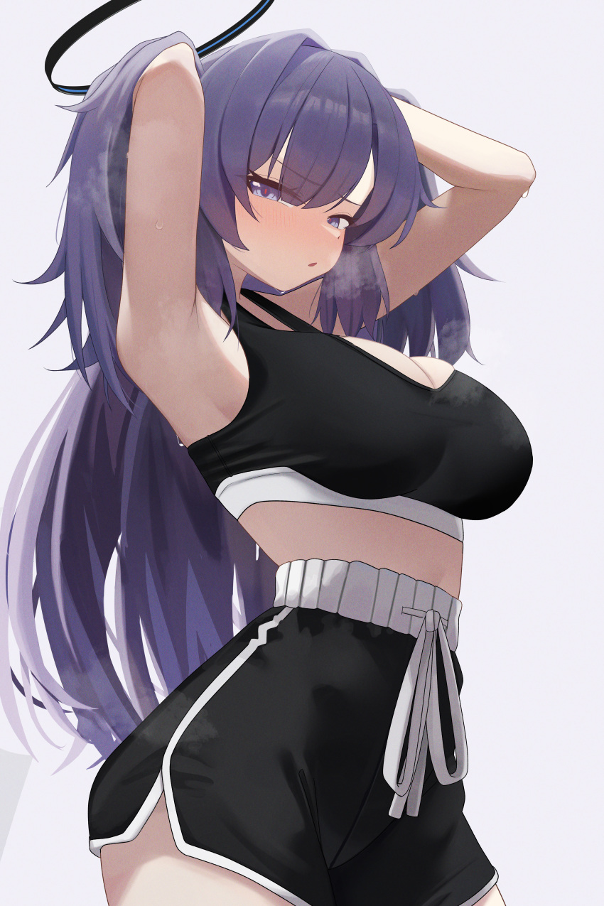 1girl absurdres alternate_costume armpits arms_behind_head arms_up black_halo black_shorts black_sports_bra blue_archive breasts breath cleavage commentary drawstring hair_between_eyes half-closed_eyes halo hand_in_own_hair high-waist_shorts highres large_breasts light_blush long_hair looking_at_viewer mcbox mechanical_halo parted_lips purple_eyes purple_hair red_pupils shorts simple_background solo sports_bra steaming_body sweat very_long_hair white_background yuuka_(blue_archive)